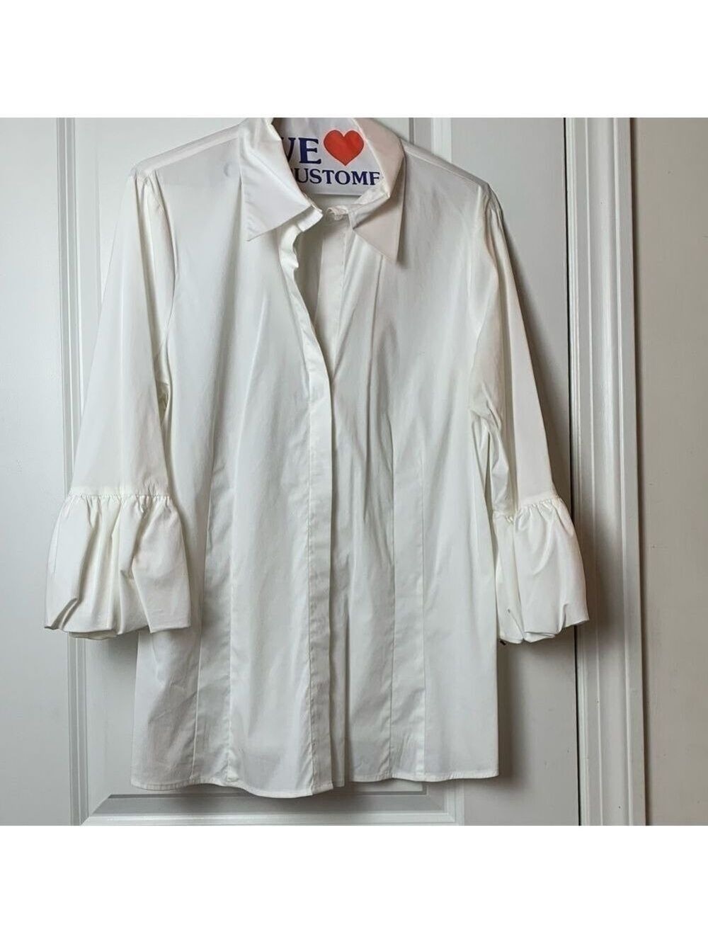 BCBG Maxazria White 3/4 Sleeve Button-Down with Ruffles Sleeves Size Large - Picture 3 of 9